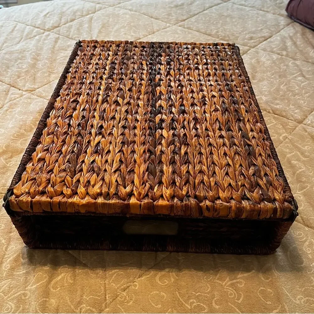 NEW Pottery Barn Rattan Wicker Metal Folding Side Table Tea Brunch Bed Table T…
